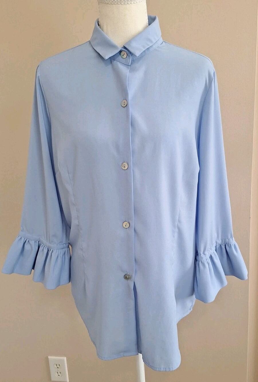 Gretchen Scott New York Collared Button Up Blue Top 3/4 Bell Sleeves Size Medium